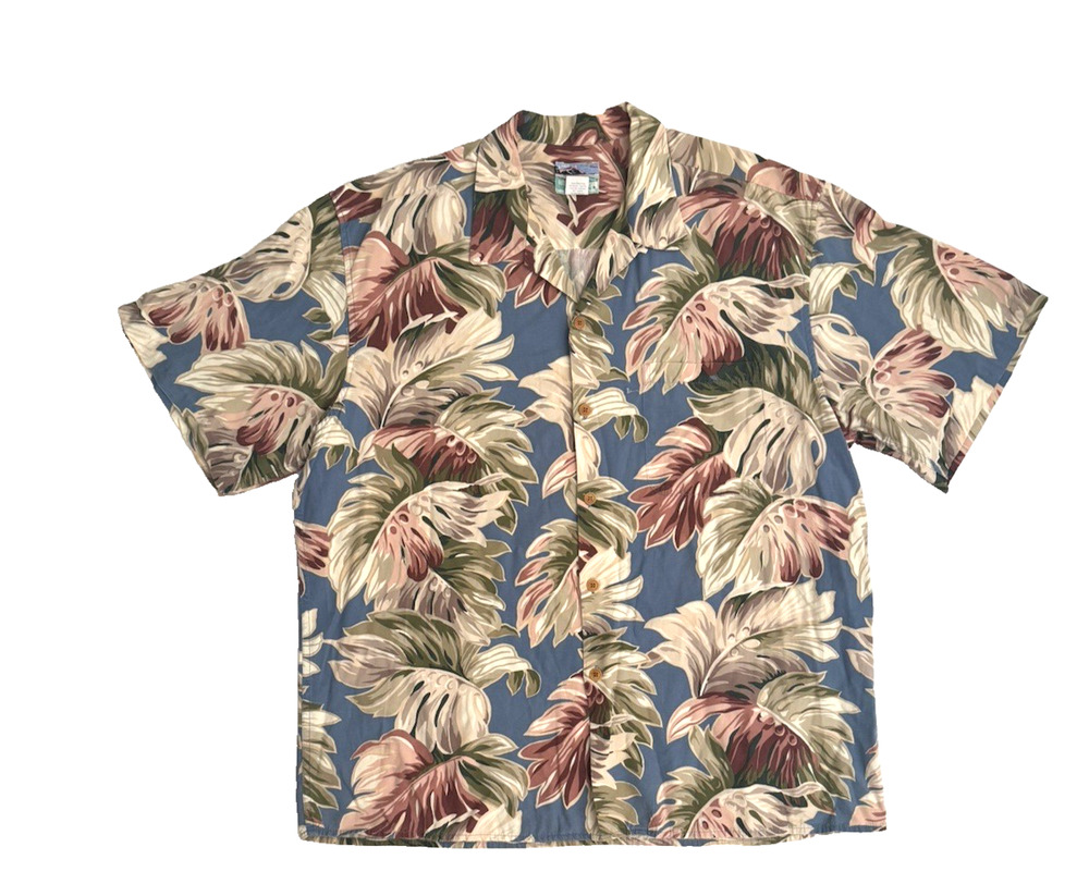 Vintage Reyn Spooner Aloha Shirt Men's XL Blue Tan Floral Rayon Linen Hawaiian